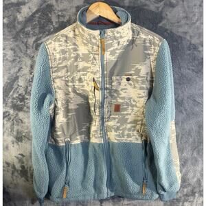 Topo Designs Subalpine Printed Sherpa Fleece Jacket Mens Medium Blue Sand Camo